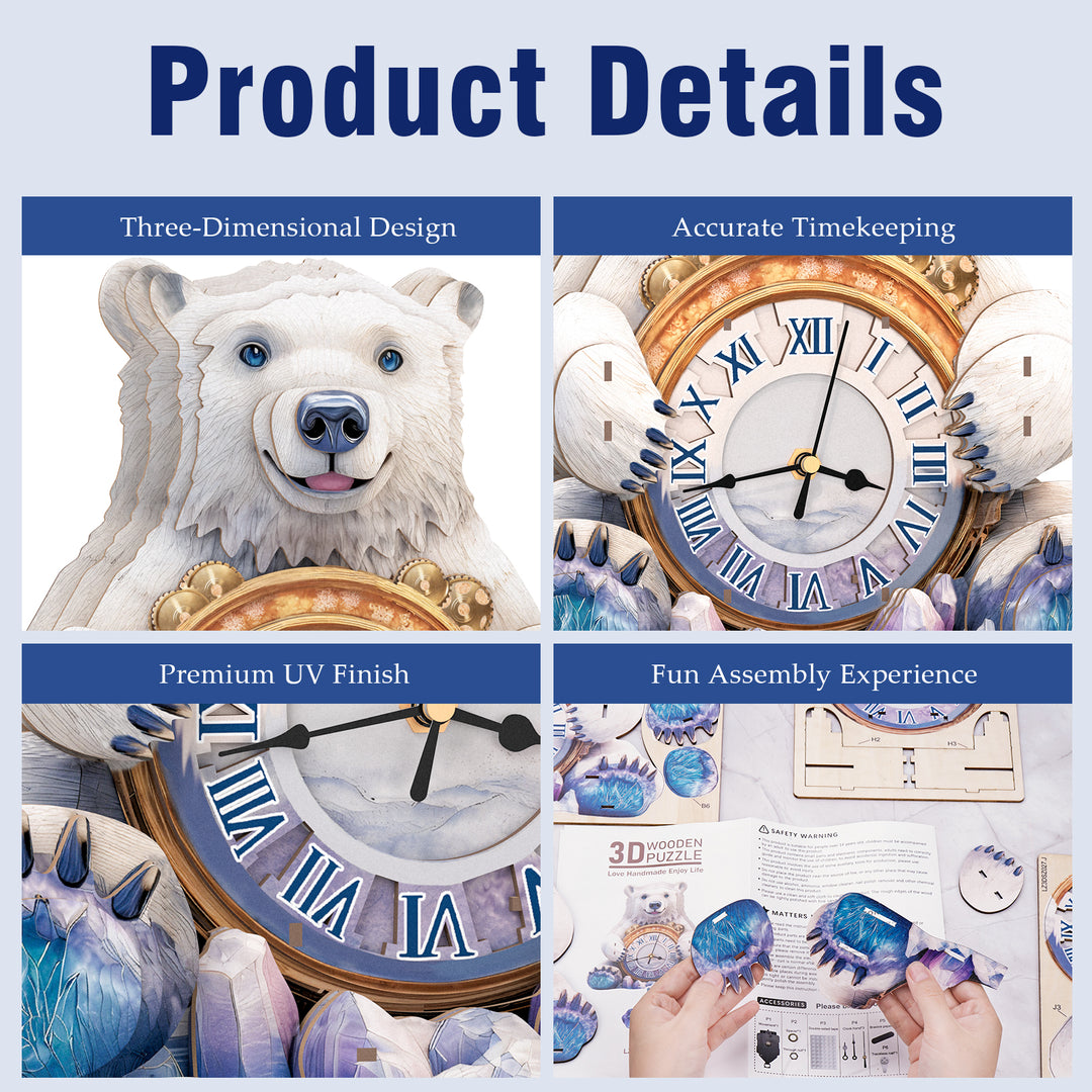 Polar Bear 3D Wooden Puzzle Clock, DIY Craft Kit