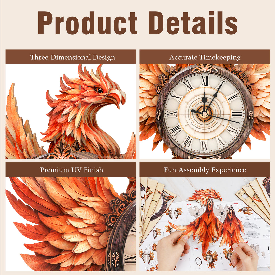 Fire Phoenix DIY Wooden Clock, 3D Puzzle Craft Kit