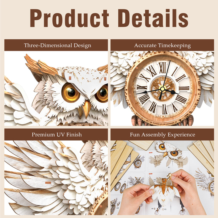 Snowy Owl DIY Wooden Clock, 3D Puzzle Craft Kit