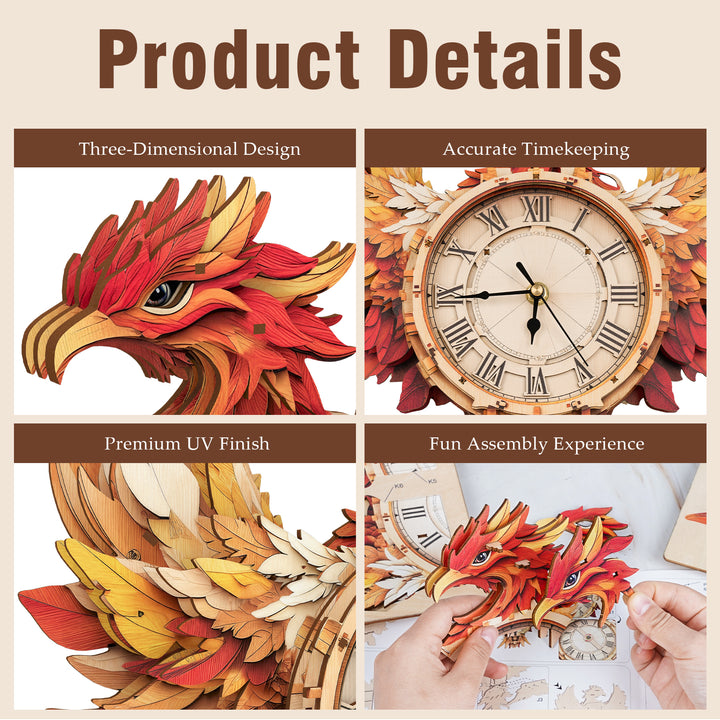 Elegant Phoenix DIY Wooden Clock, 3D Puzzle Craft Kit
