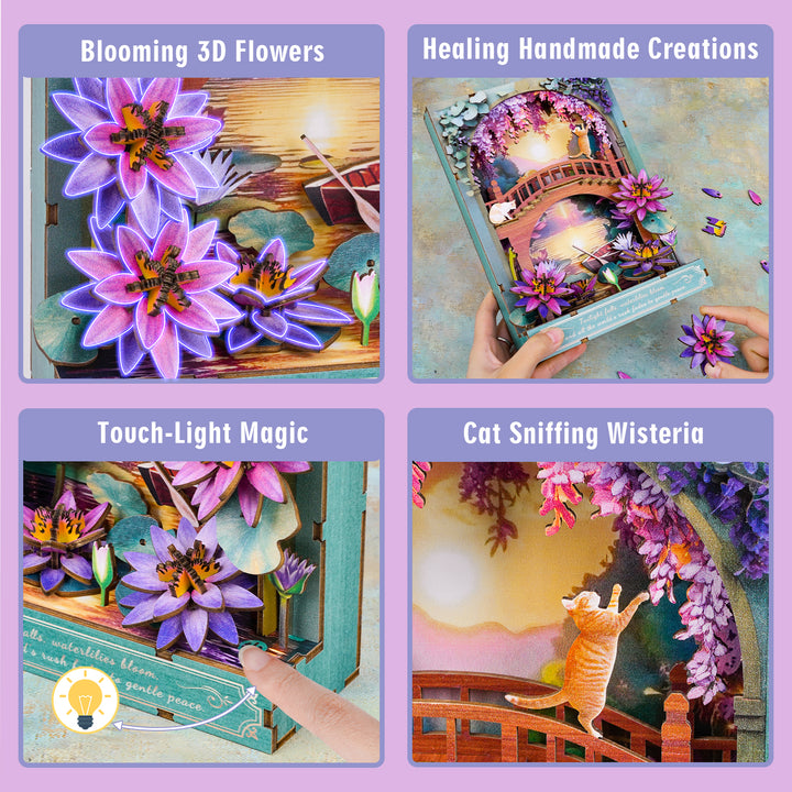 Twilight Waterlily 3D Wooden Puzzle Painting, DIY Wall Art Craft Kit with Light