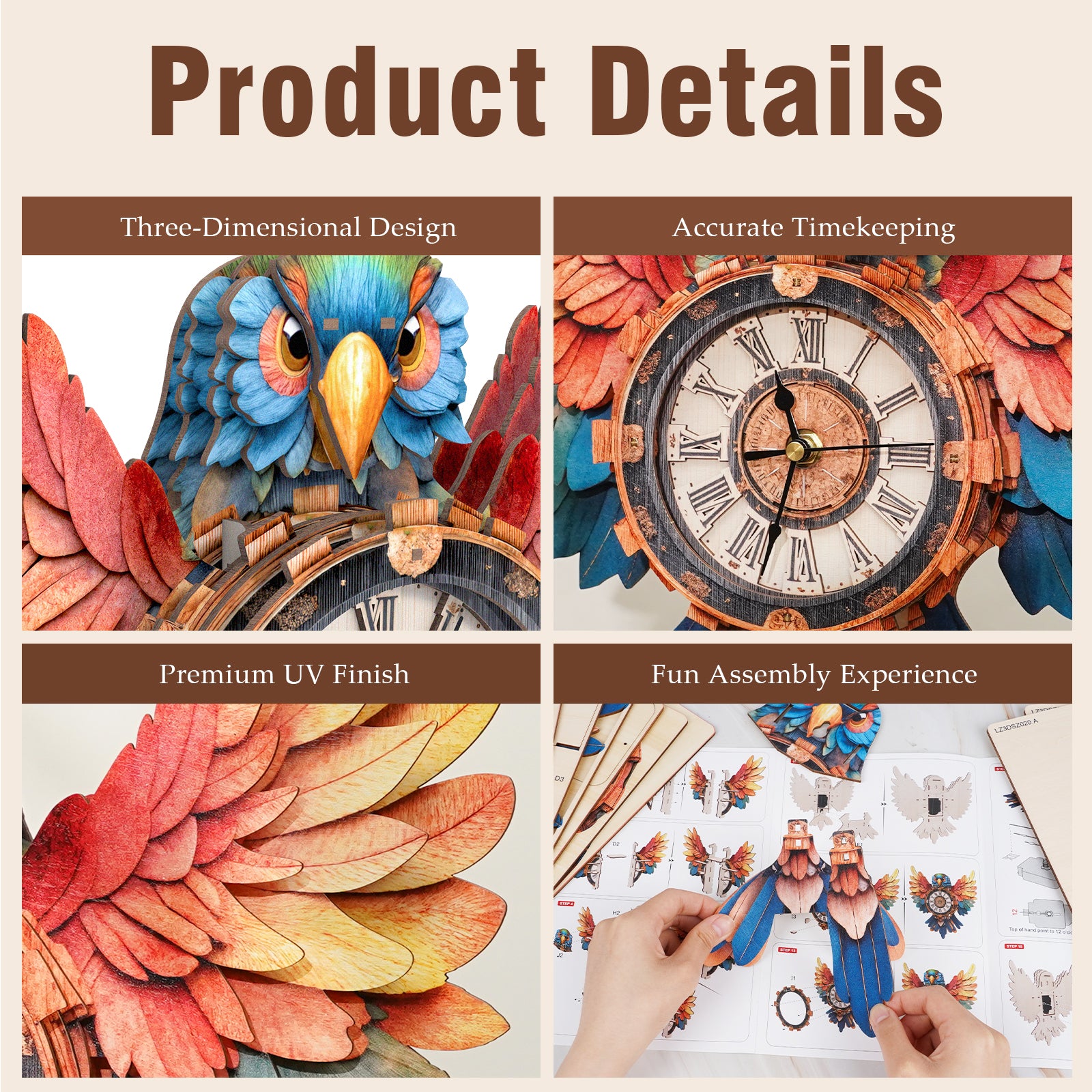 Colorful Parrot DIY Wooden Clock, 3D Puzzle Craft Kit