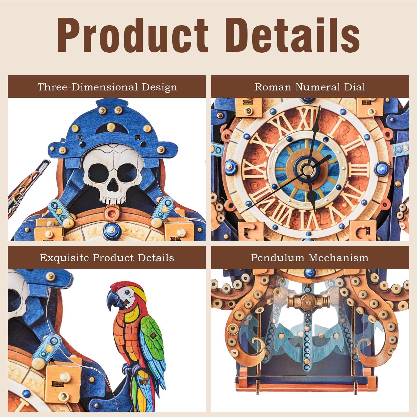 Skull Captain's Phantom Voyage DIY Wooden Clock, 3D Puzzle Craft Kit