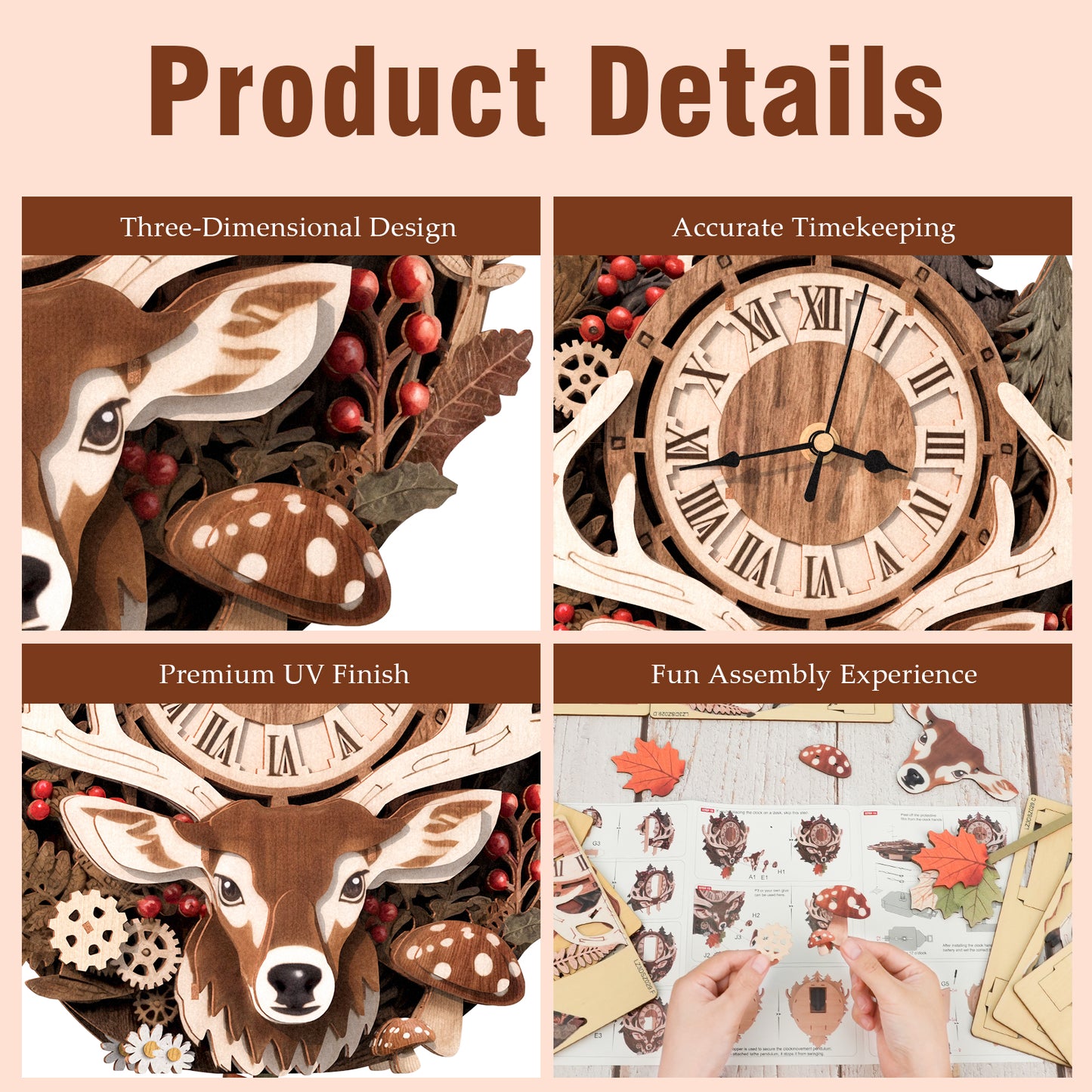 Reindeer 3D Wooden Puzzle Clock, Gift  for DIY Lovers, Home Decor