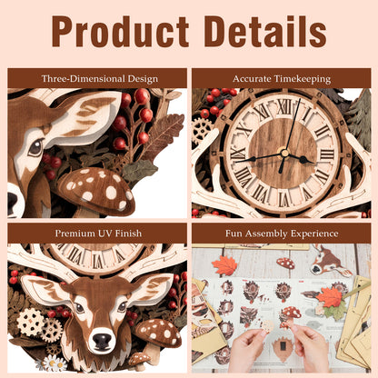 Reindeer 3D Wooden Puzzle Clock, Gift  for DIY Lovers, Home Decor