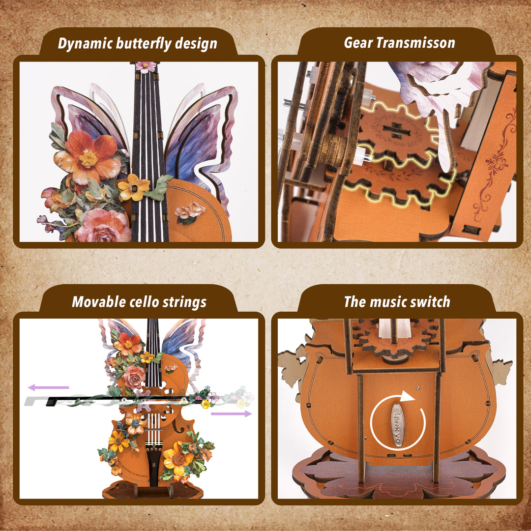 Floral Cello Mechanical DIY Kit, 3D Wooden Music Box – CUTYWOOD
