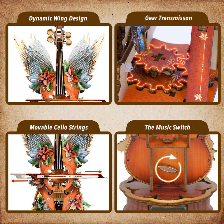 Christmas Winged Cello Mechanical DlY Kit, 3D Wooden Music Box