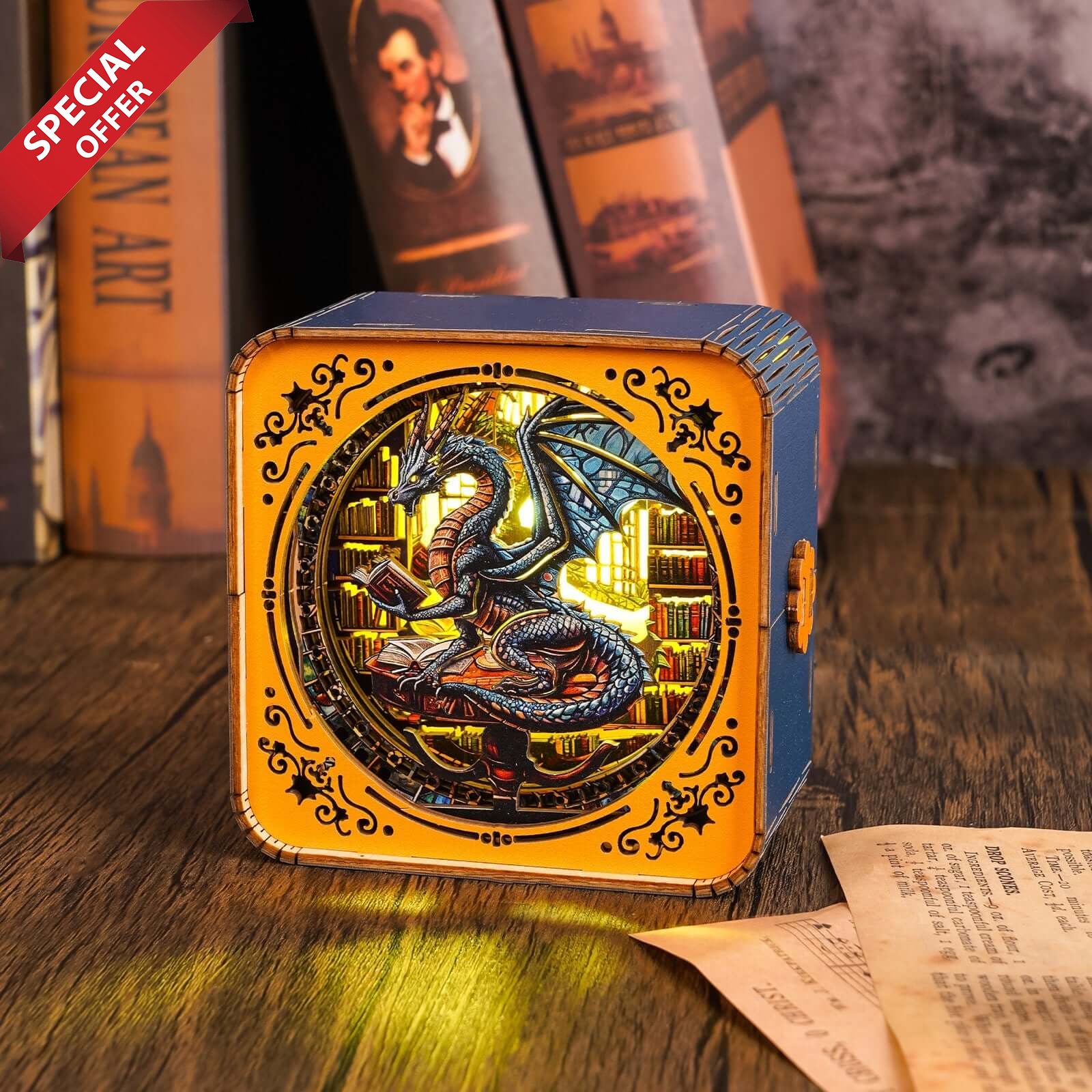Library Dragon - 3D Wooden Puzzle Night Light