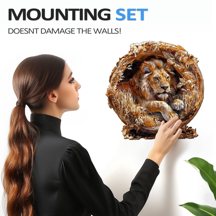 3D Lion wooden jigsaw puzzle with a wall-mounted design, safe for walls, enhancing decor and focus.