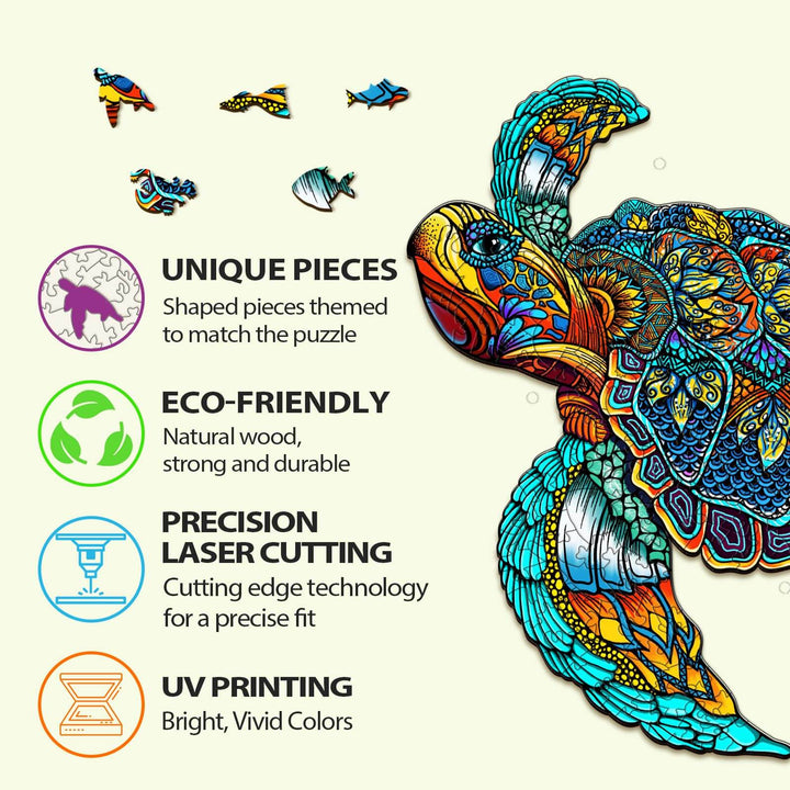Colorful infographic showcasing features of the Resolute Turtle Wooden Jigsaw Puzzle, including unique pieces and eco-friendly materials.
