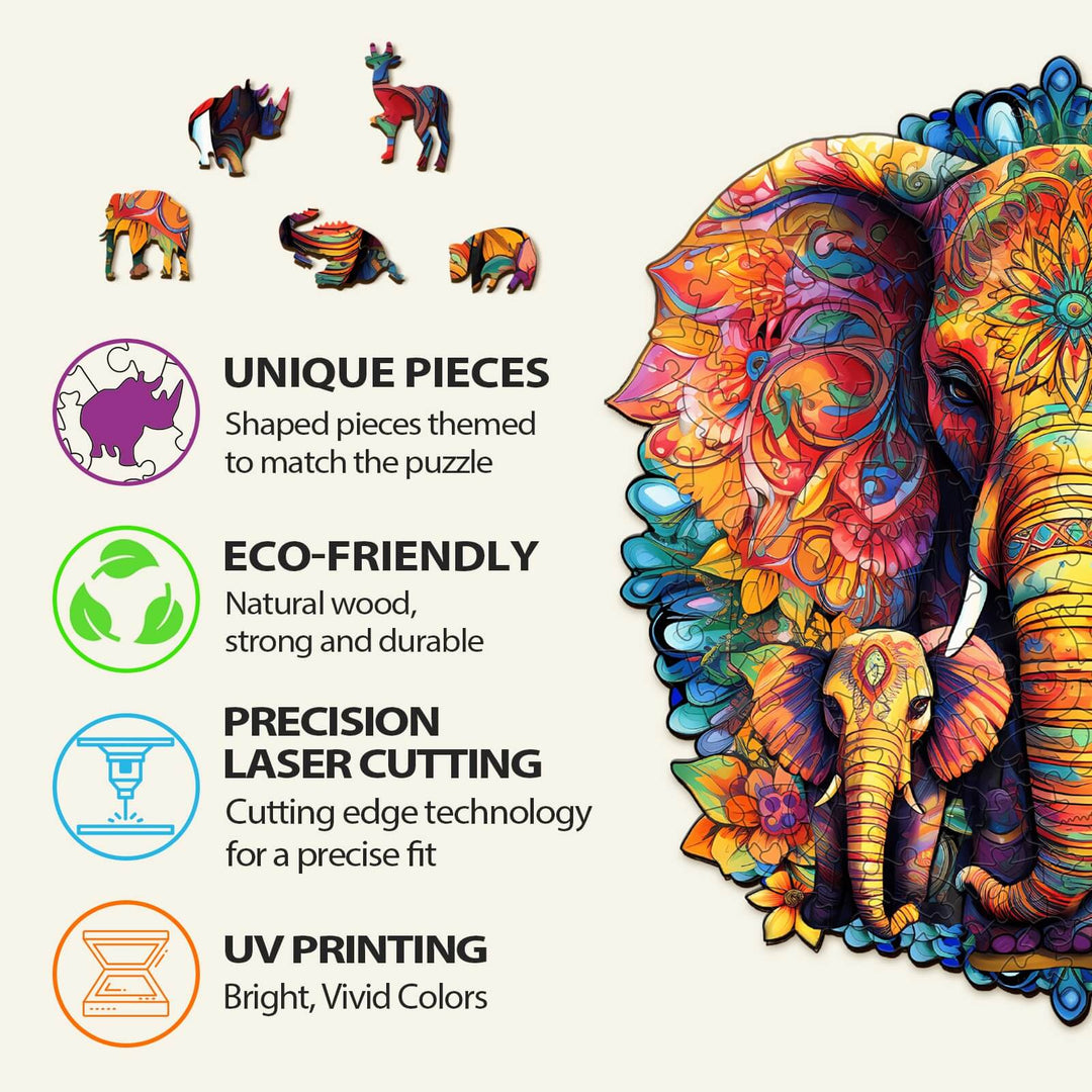 Mandala Parent-Child Elephant Jigsaw Puzzle features unique animal-shaped pieces, eco-friendly wood, precision laser cutting, and vibrant UV printing.