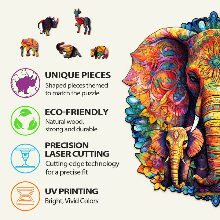 Mandala Parent-Child Elephant Jigsaw Puzzle features unique animal-shaped pieces, eco-friendly wood, precision laser cutting, and vibrant UV printing.
