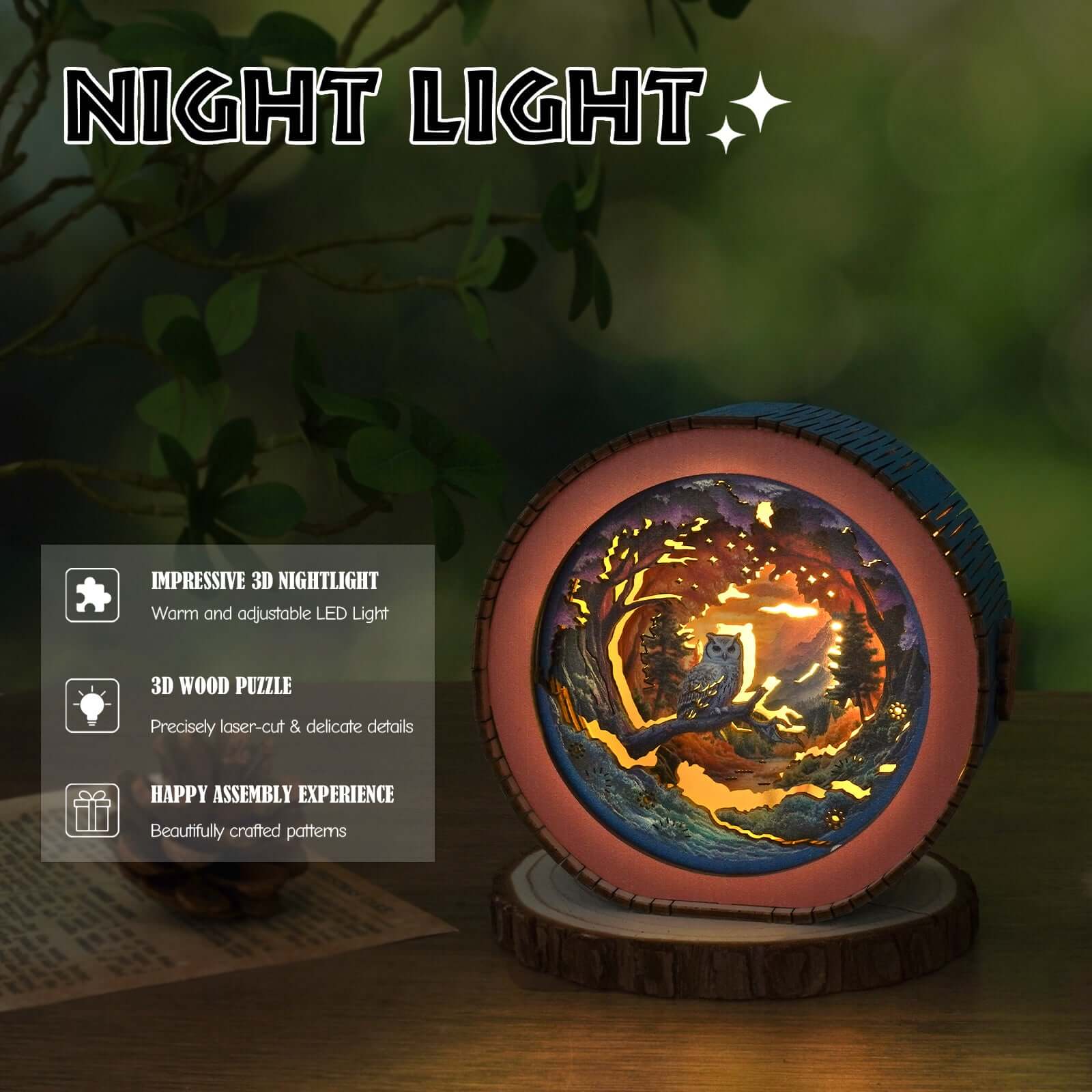 Forest Fantasy Owl - 3D Wooden Puzzle Night Light