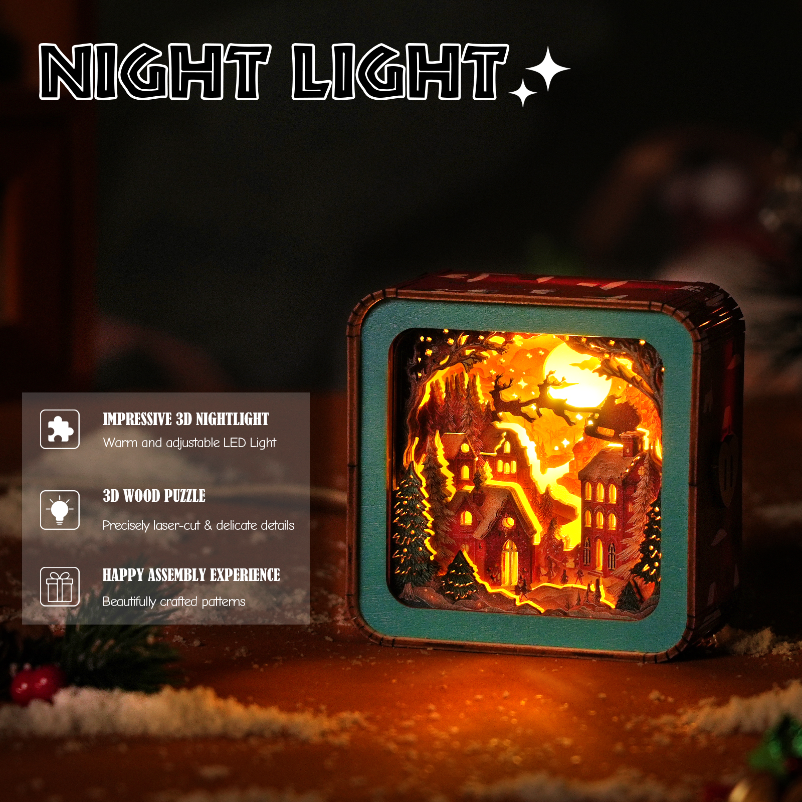 Wonderful Christmas Eve - 3D Wooden Puzzle Night Light with warm LED and cozy snow village design.