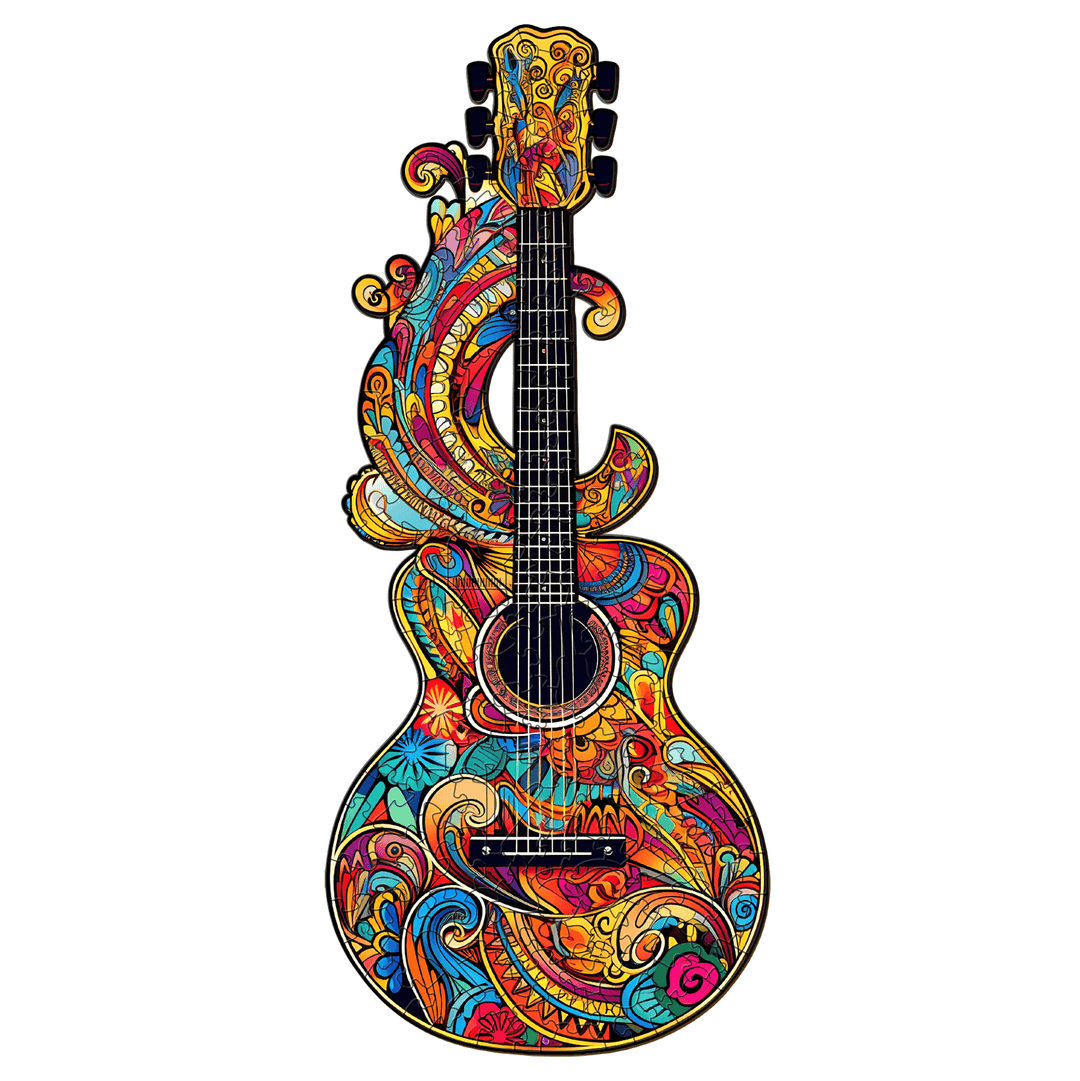 Colorful wooden jigsaw puzzle of a guitar, featuring intricate patterns and vibrant designs.