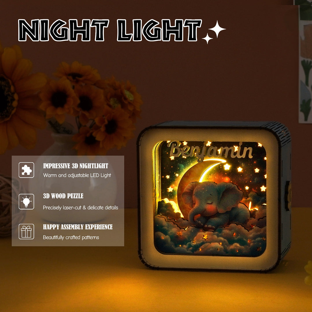 Sleeping Baby Elephant - Personalized 3D Wooden Puzzle Night Light Kit For Kids