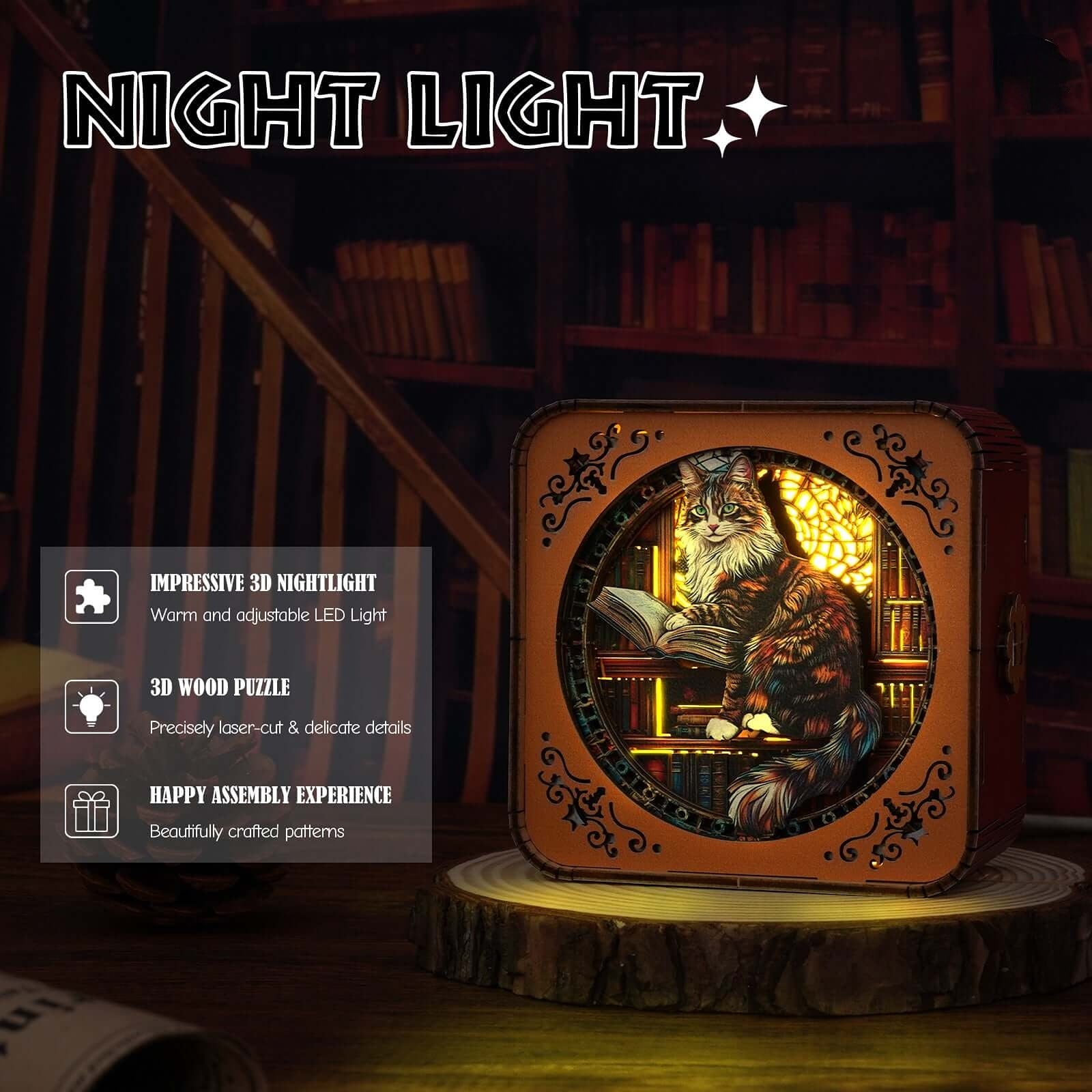 Maine Coon in der Bibliothek Set - 3D Holzpuzzle Nachtlicht