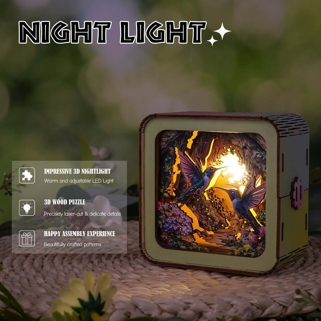 Hummingbird in the Flowers - 3D Wooden Puzzle Night Light Kit