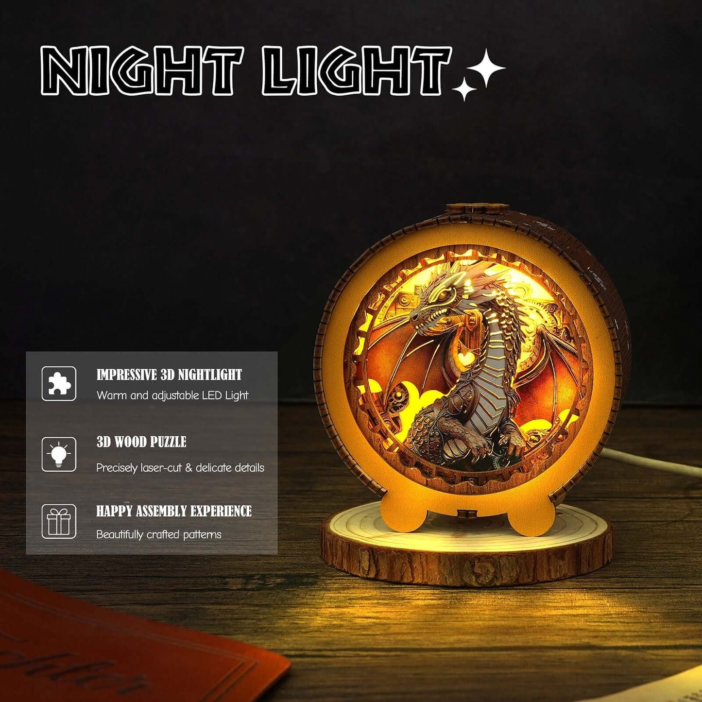 Steampunk-Drache – 3D-Holzpuzzle-Nachtlicht