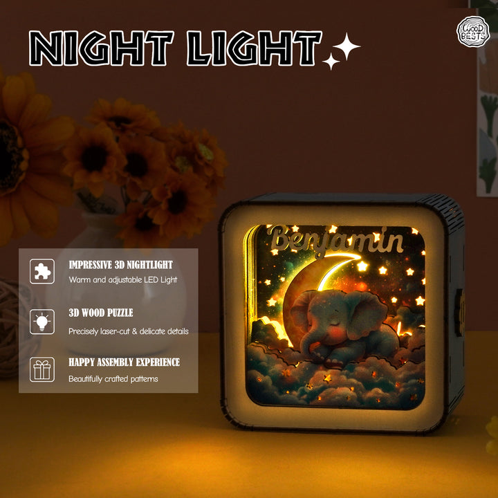 Sleeping Baby Elephant - Personalized 3D Wooden Puzzle Night Light Kit For Kids