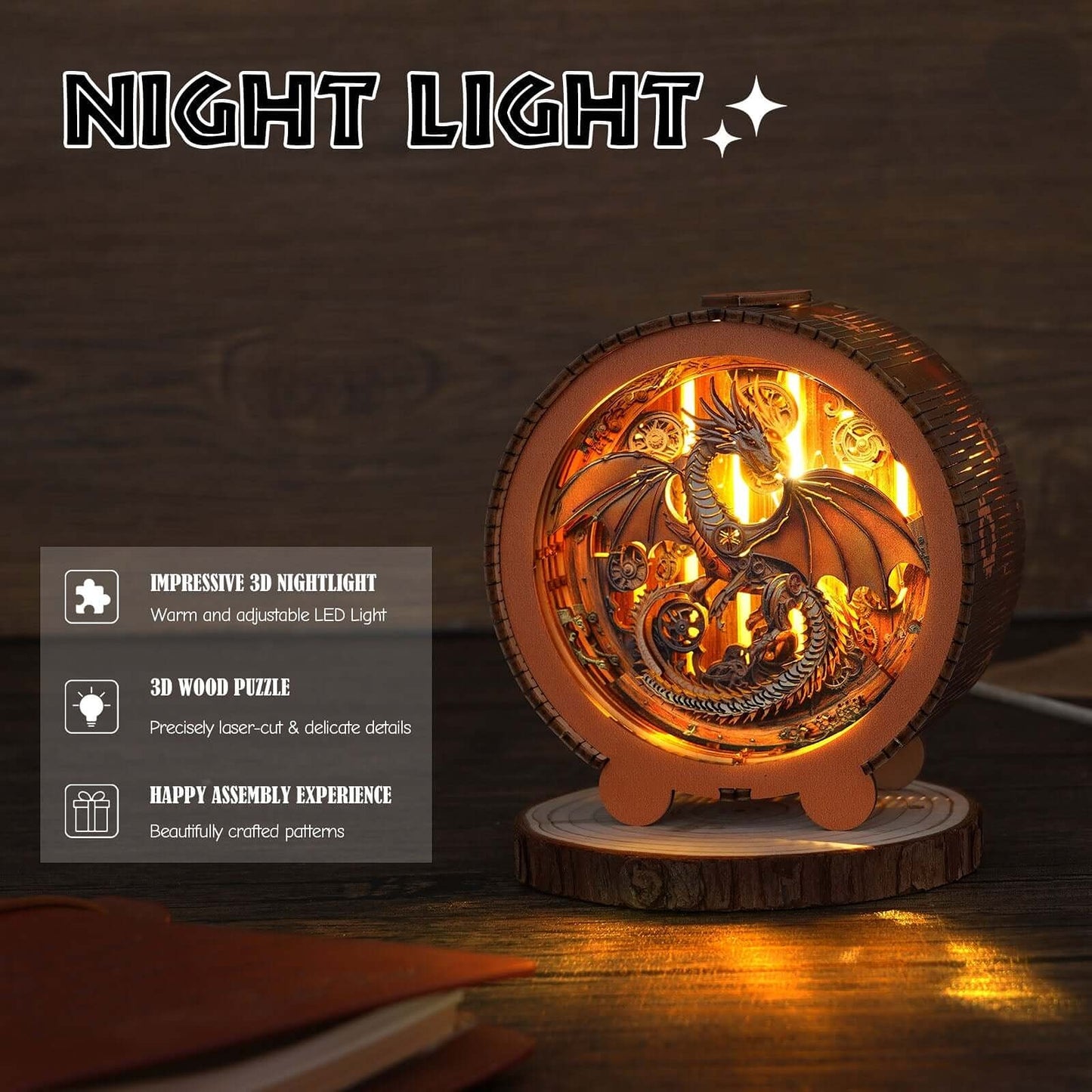 Mechanischer Drache – 3D-Holzpuzzle-Nachtlicht