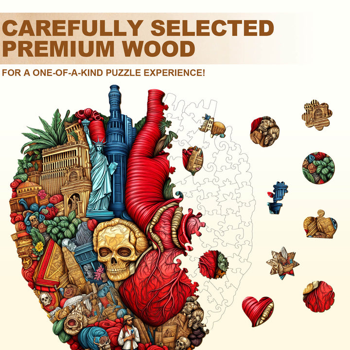 Heart of the City wooden jigsaw puzzle featuring iconic landmarks and vibrant details for a unique puzzle experience.