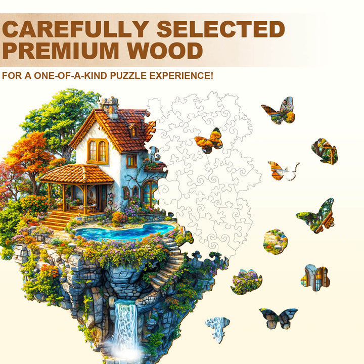 Floating Haven wooden jigsaw puzzle featuring a charming house and vibrant butterflies, crafted from premium wood for unique puzzles.