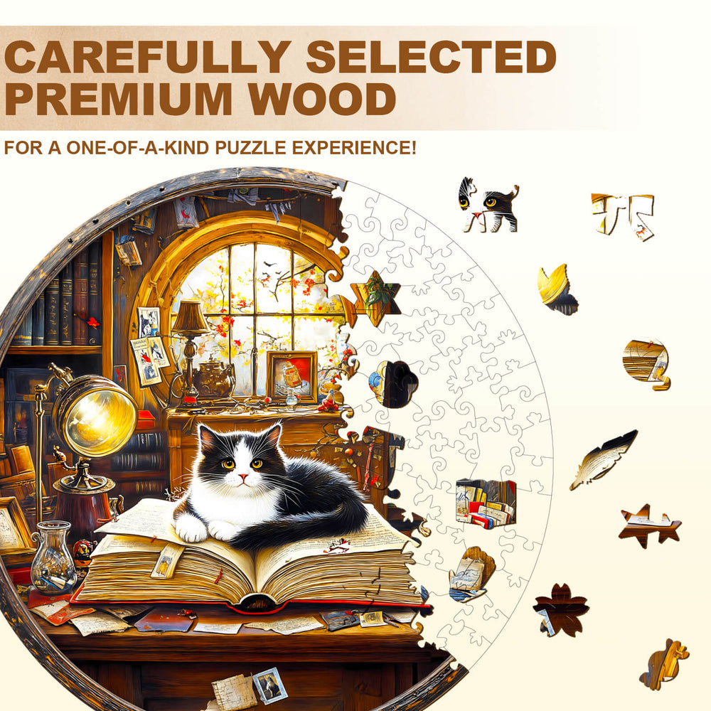 Whiskers Library-2 wooden jigsaw puzzle featuring a cat and a cozy library scene, designed for mindful enjoyment and focus.