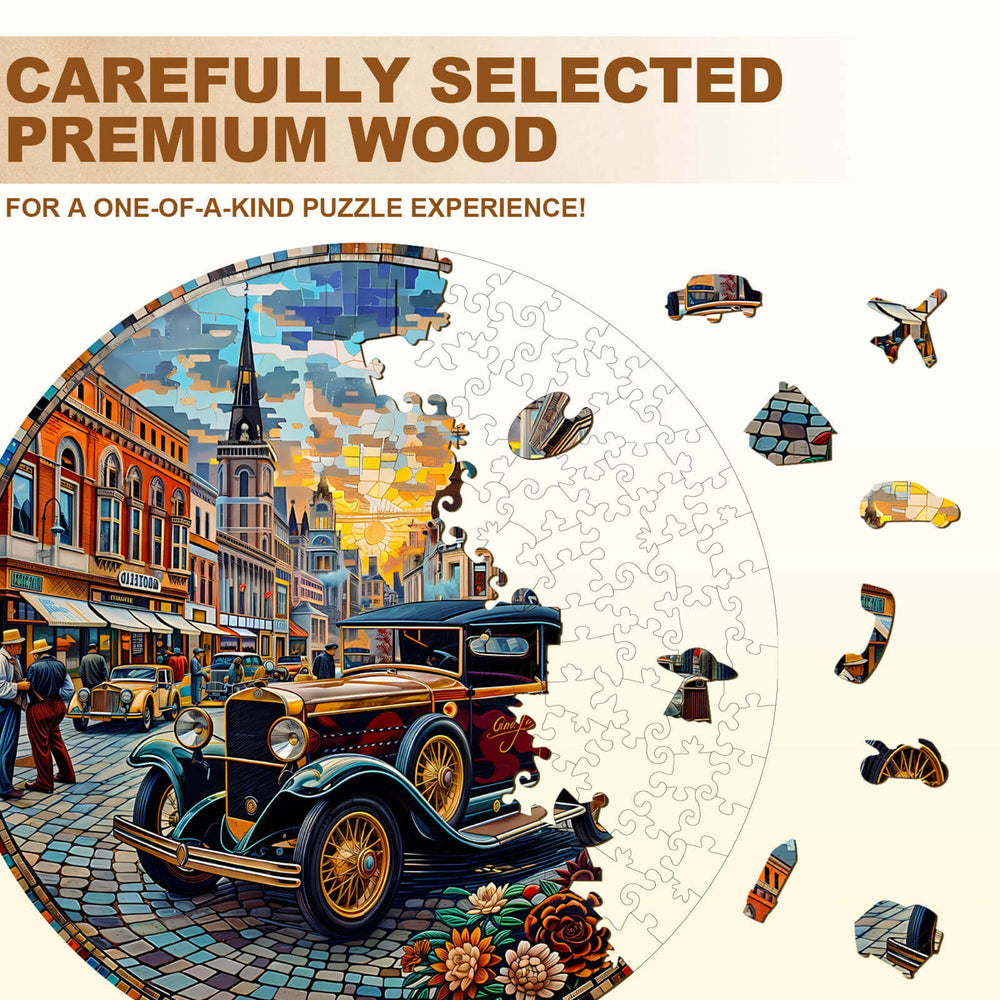 Retro street wooden jigsaw puzzle showcasing colorful vintage cars and buildings, crafted from premium wood for puzzle enthusiasts.