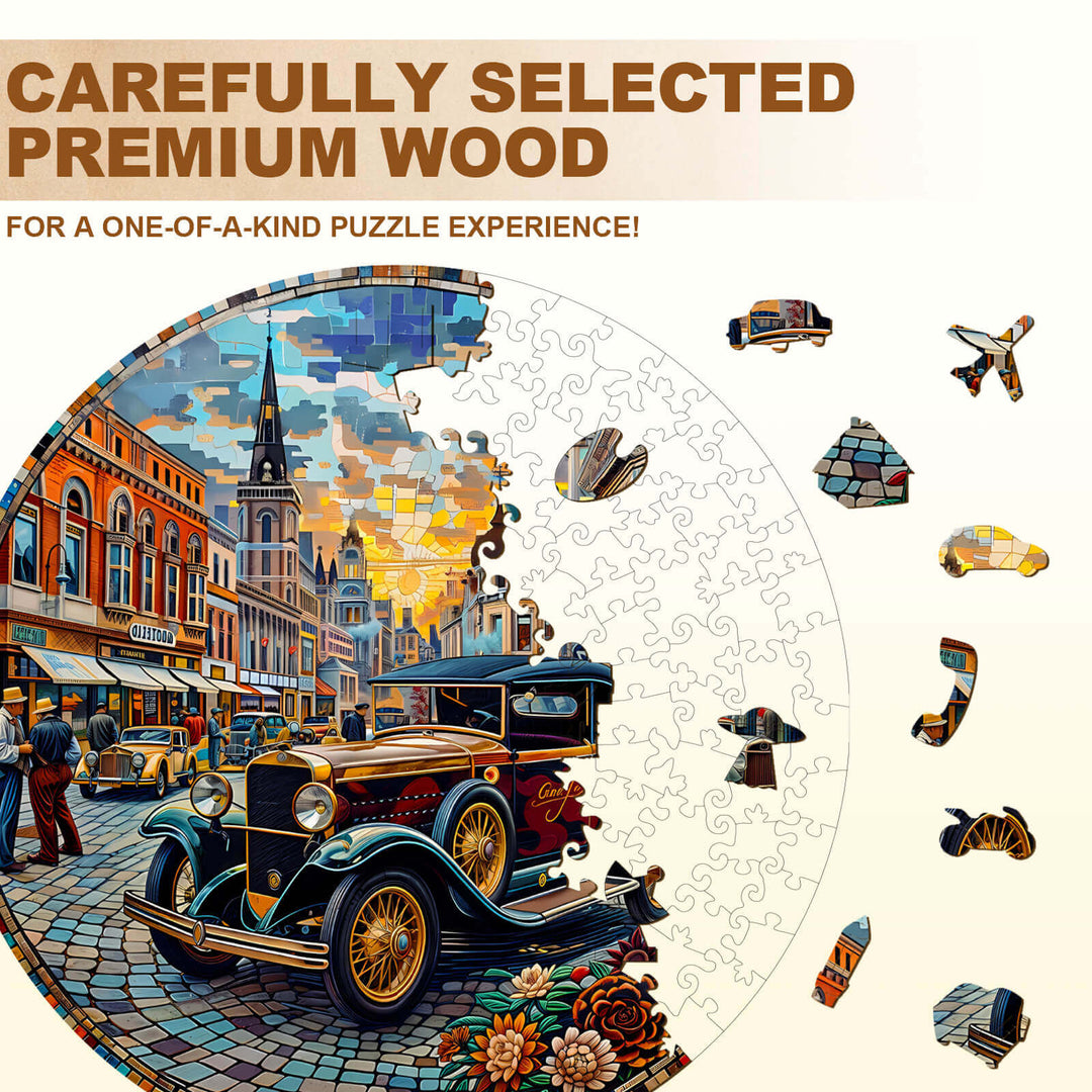 Retro street wooden jigsaw puzzle showcasing colorful vintage cars and buildings, crafted from premium wood for puzzle enthusiasts.