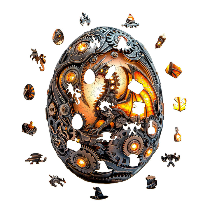 Mechanical Dragon Egg wooden jigsaw puzzle pieces, gears, and intricate designs for a mind-challenging experience.