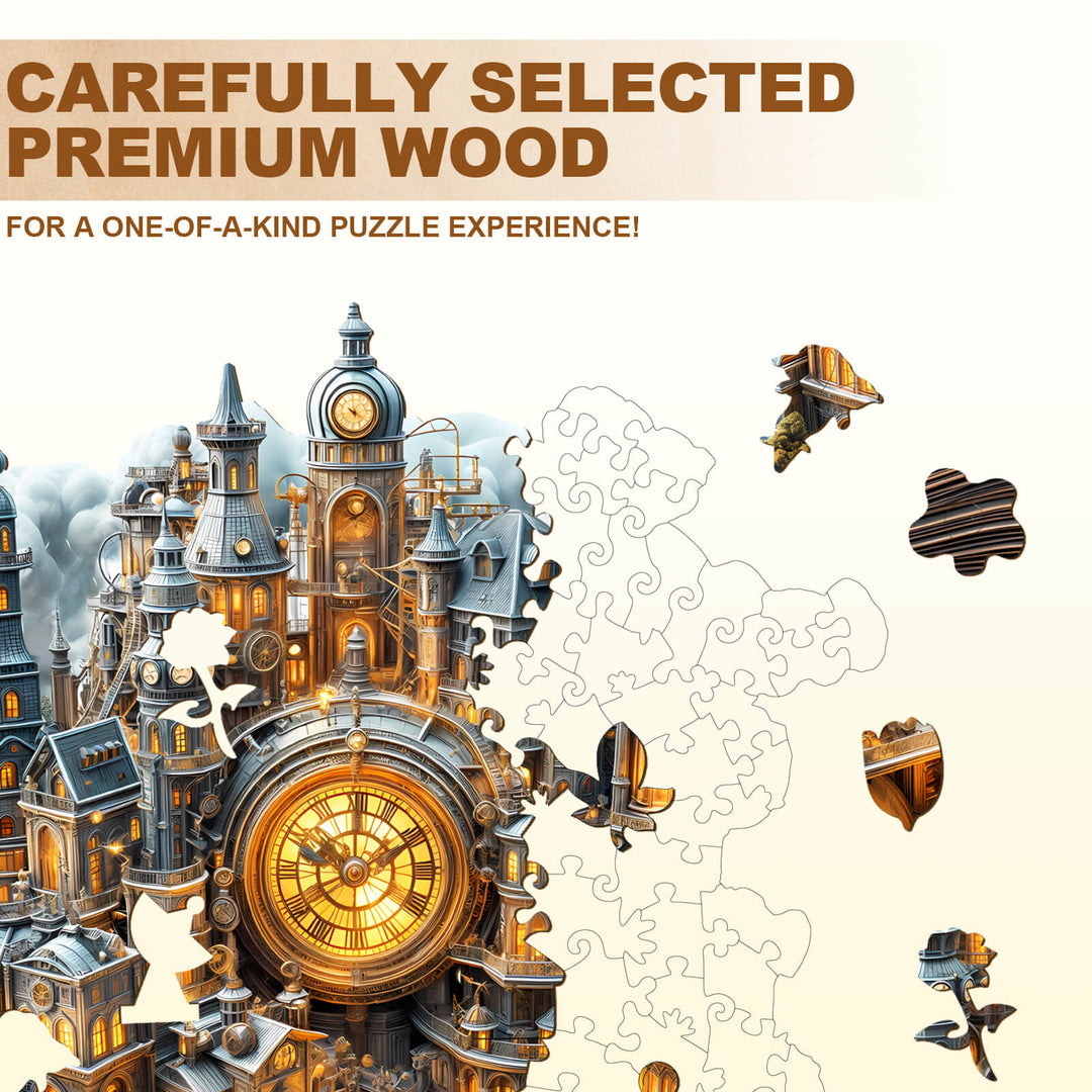 Clockwork City wooden jigsaw puzzle showcasing premium wood pieces for an immersive puzzle experience.