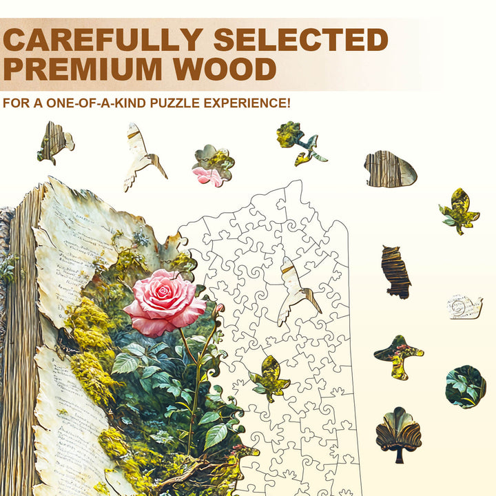 The Last Bloom wooden jigsaw puzzle showcasing premium wood pieces and intricate floral designs.