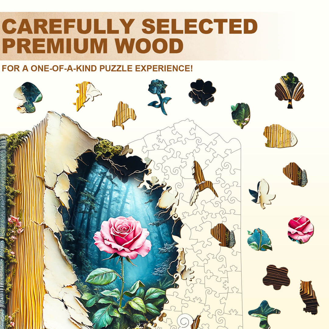 Close-up of Blooming Story wooden jigsaw puzzle, featuring vibrant colors and premium wood pieces for a unique experience.