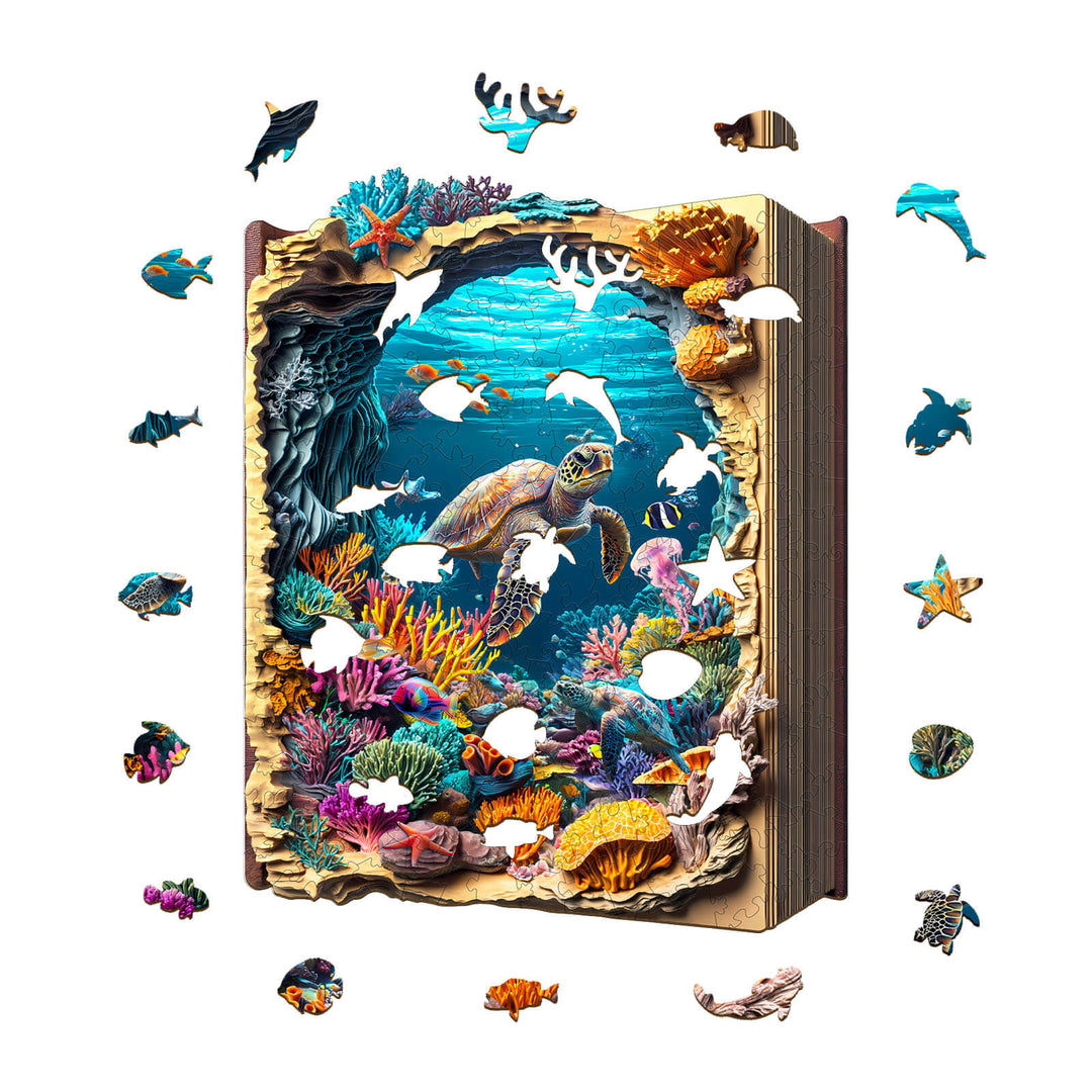 3D Deep Blue Wooden Jigsaw Puzzle featuring an underwater scene with sea turtles and colorful coral.