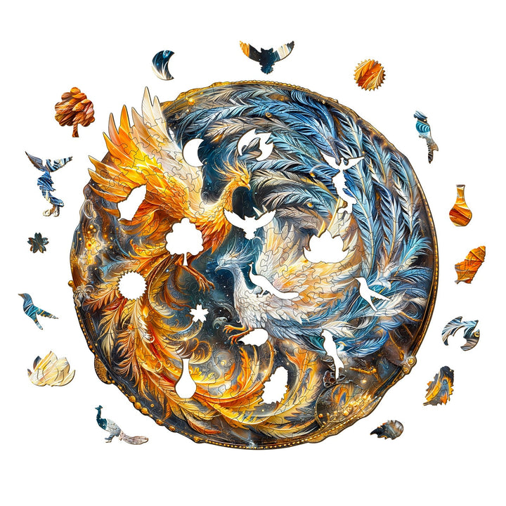 Yin Yang Phoenix-2 wooden jigsaw puzzle pieces with intricate design of phoenixes and artistic colors.