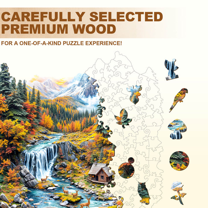 Autumn Wonderland Wooden Jigsaw Puzzle showcasing vibrant autumn colors and premium wood pieces for puzzle enthusiasts.
