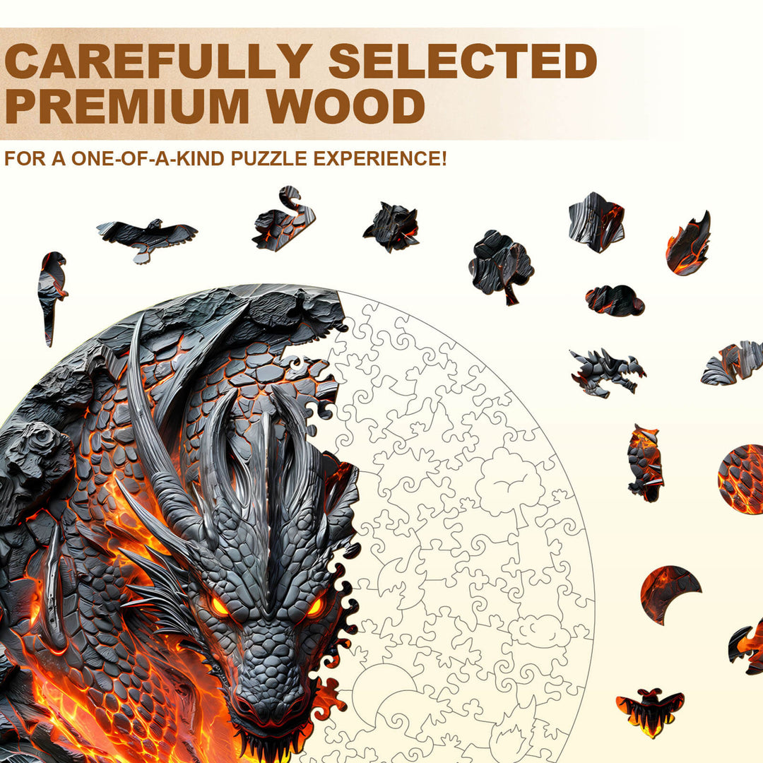 3D flame wall dragon wooden jigsaw puzzle details with premium wood pieces for a unique puzzle experience.