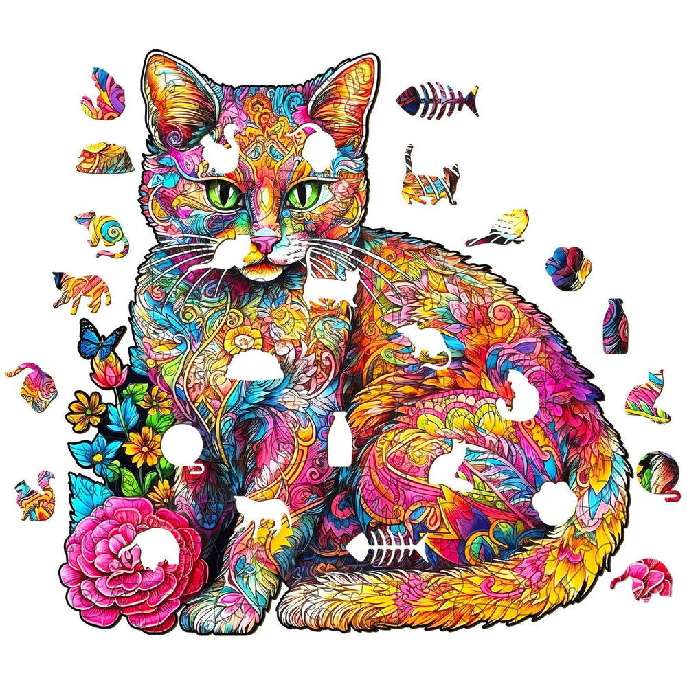 Naughty Cat Wooden Jigsaw Puzzle featuring a colorful cat design with unique-shaped pieces.