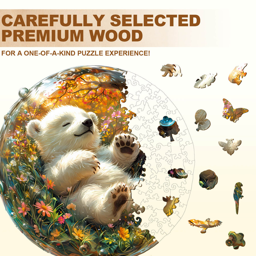 Bubble bear wooden jigsaw puzzle showcasing premium wood pieces and vibrant artwork for fun mind games.