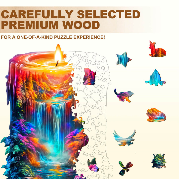 Enchanted Flame Wooden Jigsaw Puzzle featuring vibrant waterfall design and uniquely shaped wooden pieces.