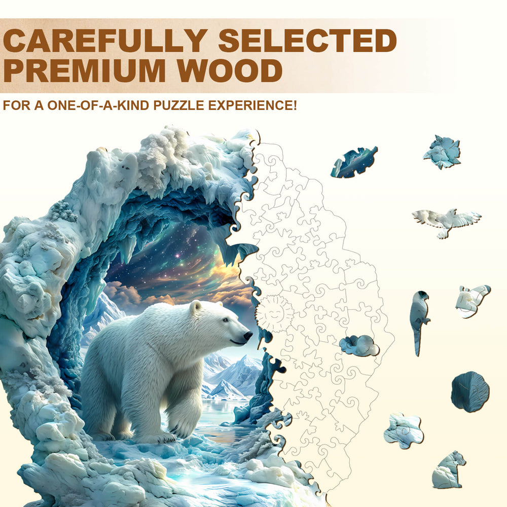 3D Arctic Glory Wooden Jigsaw Puzzle featuring a polar bear in an icy cave, made from premium wood for a unique puzzle experience.