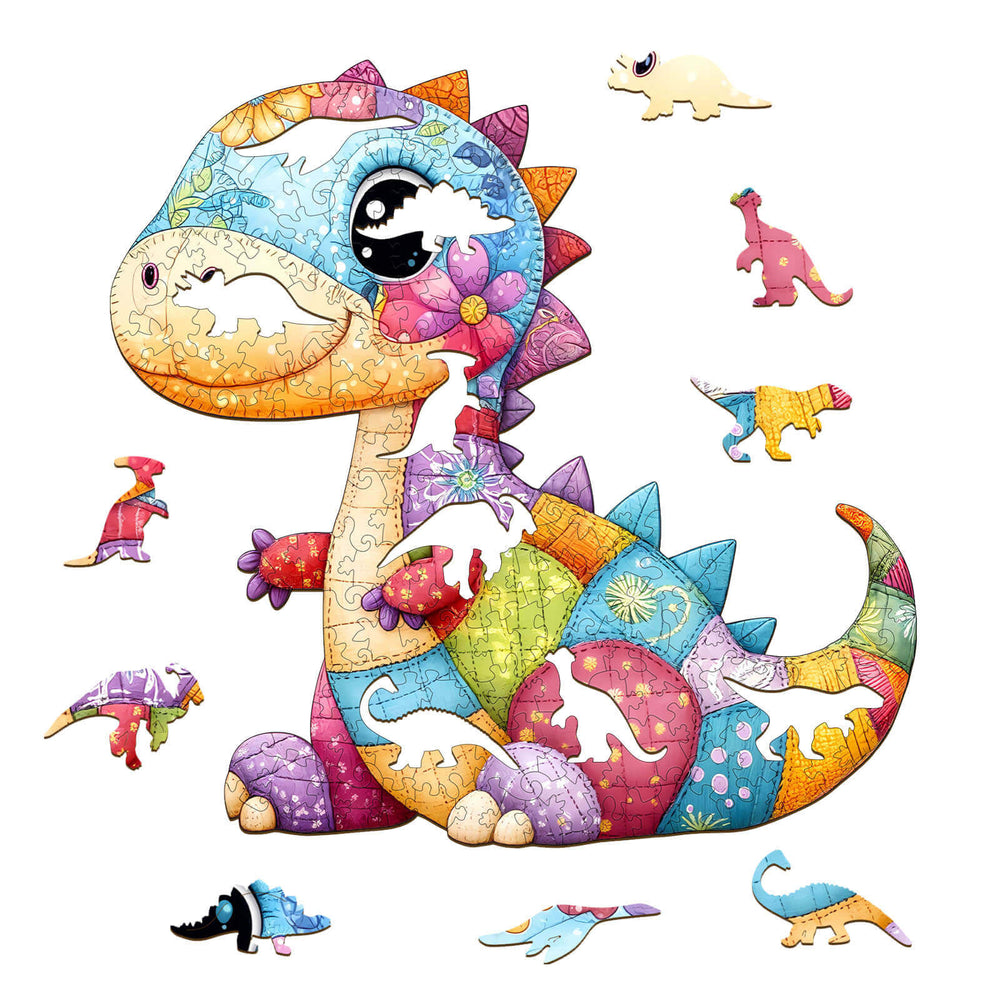 Colorful patchwork dinosaur wooden jigsaw puzzle for kids, promoting problem-solving and coordination skills.