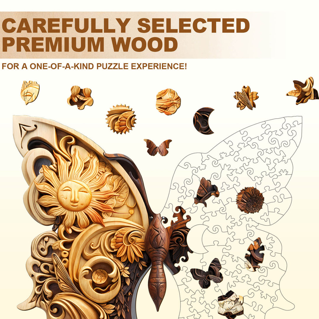Yin Yang Butterfly wooden jigsaw puzzle pieces showcasing premium wood for an engaging puzzle experience.