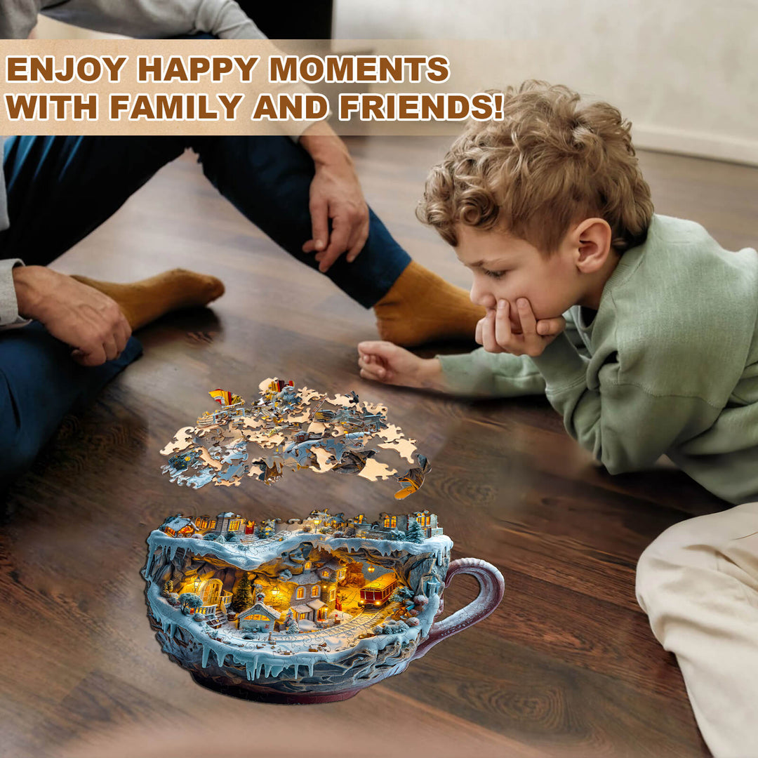 Child and adult enjoying a jigsaw puzzle of a snow-covered village, emphasizing family bonding and fun moments.