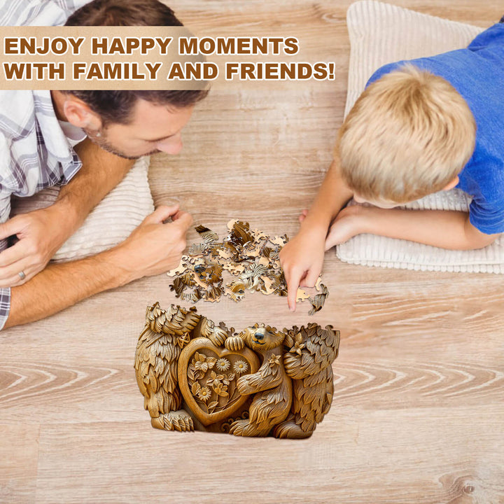 Father and son enjoying quality time together while working on a wooden bear family jigsaw puzzle.