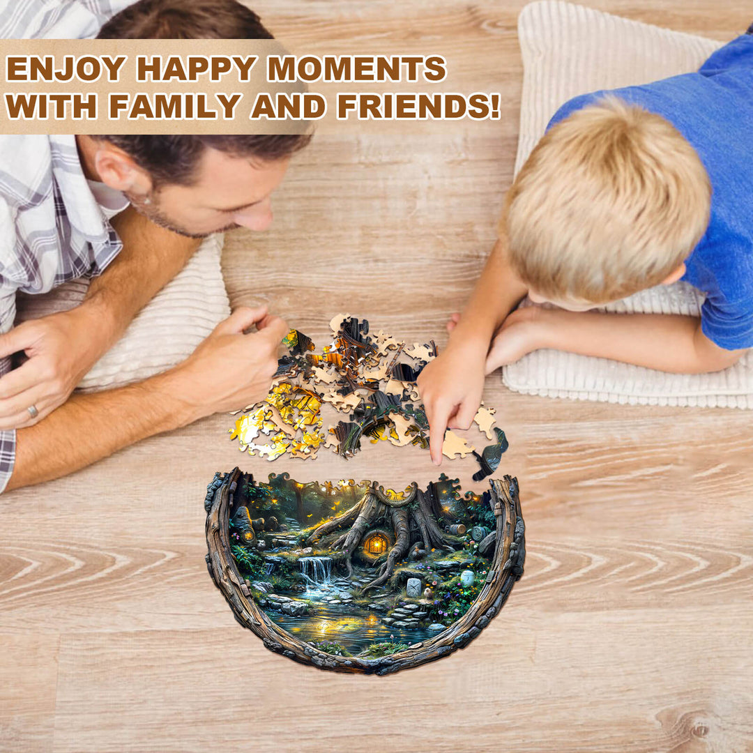 Father and son enjoying a Magic time tree wooden jigsaw puzzle together, creating happy memories.