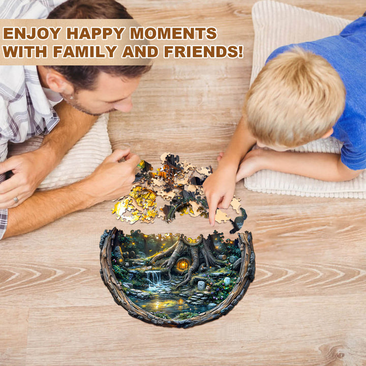 Father and son enjoying a Magic time tree wooden jigsaw puzzle together, creating happy memories.