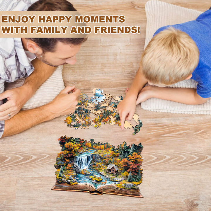 Father and son enjoying quality time together while assembling the Autumn Wonderland wooden jigsaw puzzle.