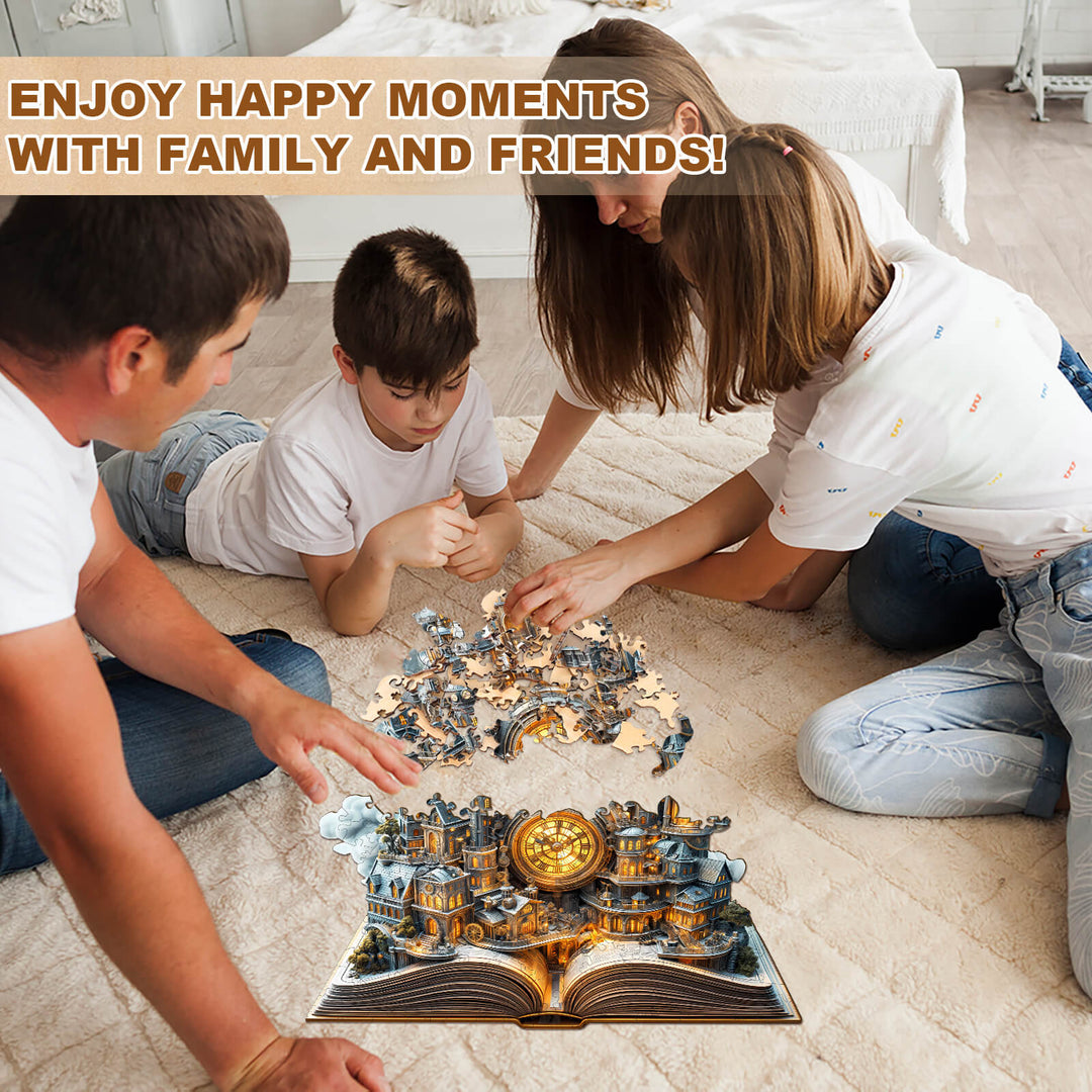 Family enjoying Clockwork City Wooden Jigsaw Puzzle together, fostering happy moments and teamwork.
